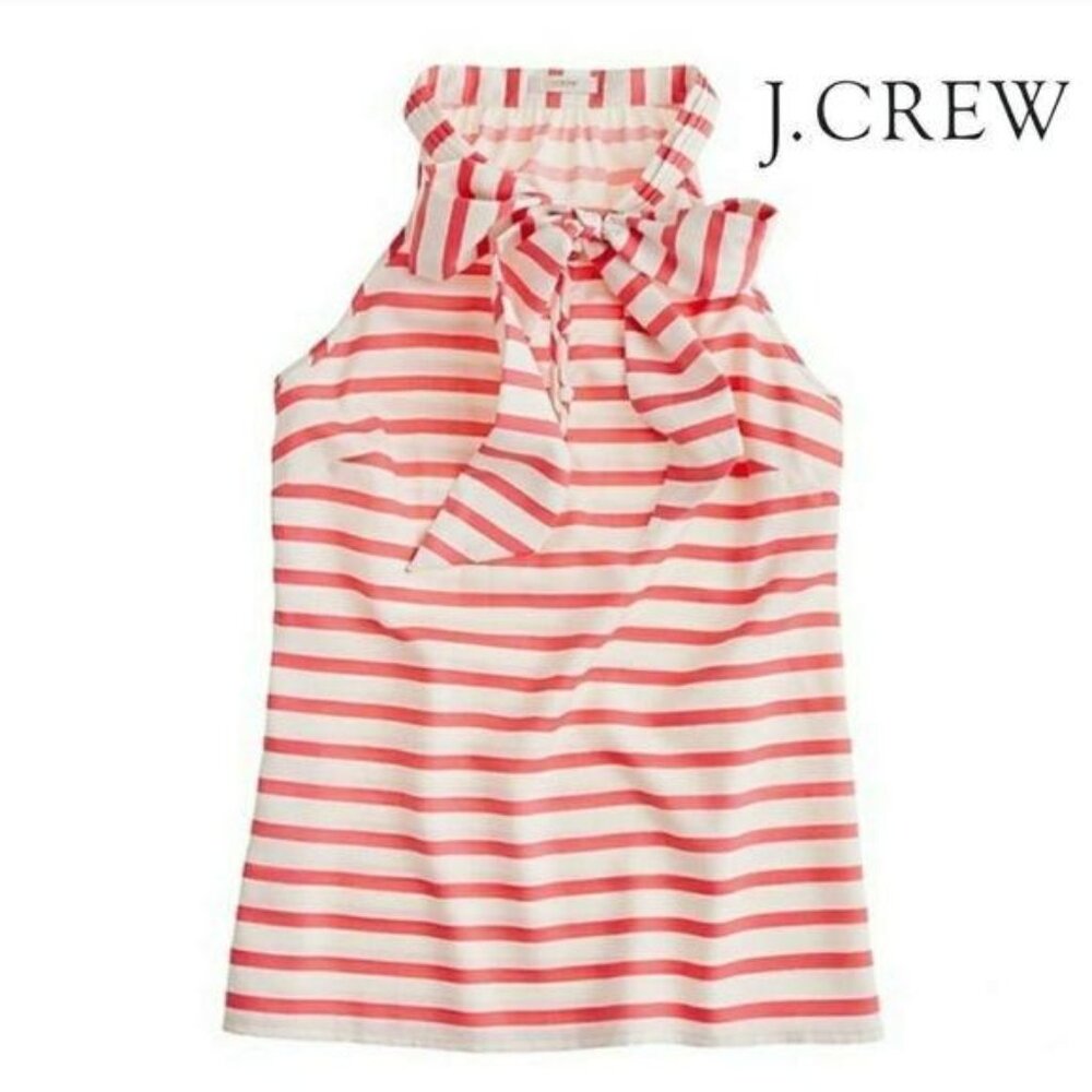 J.Crew Womens Red & White Striped Halter Top Bow Tie Neck Size 0 100% Silk